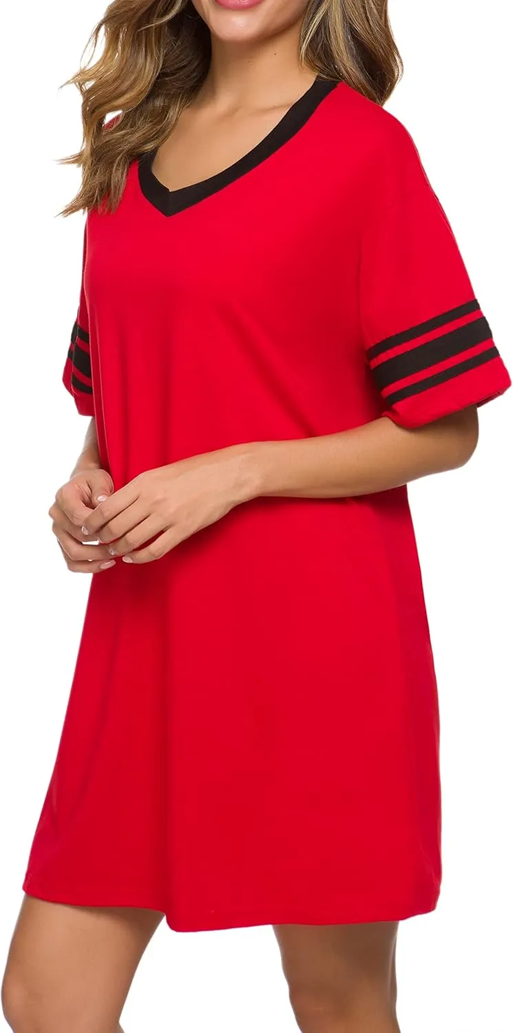 Women's Nightgown Short Sleeve Sleep Shirt V Neck Nightshirts Cotton Loose Comfy Pajamas Dress Casual Sleepwear
