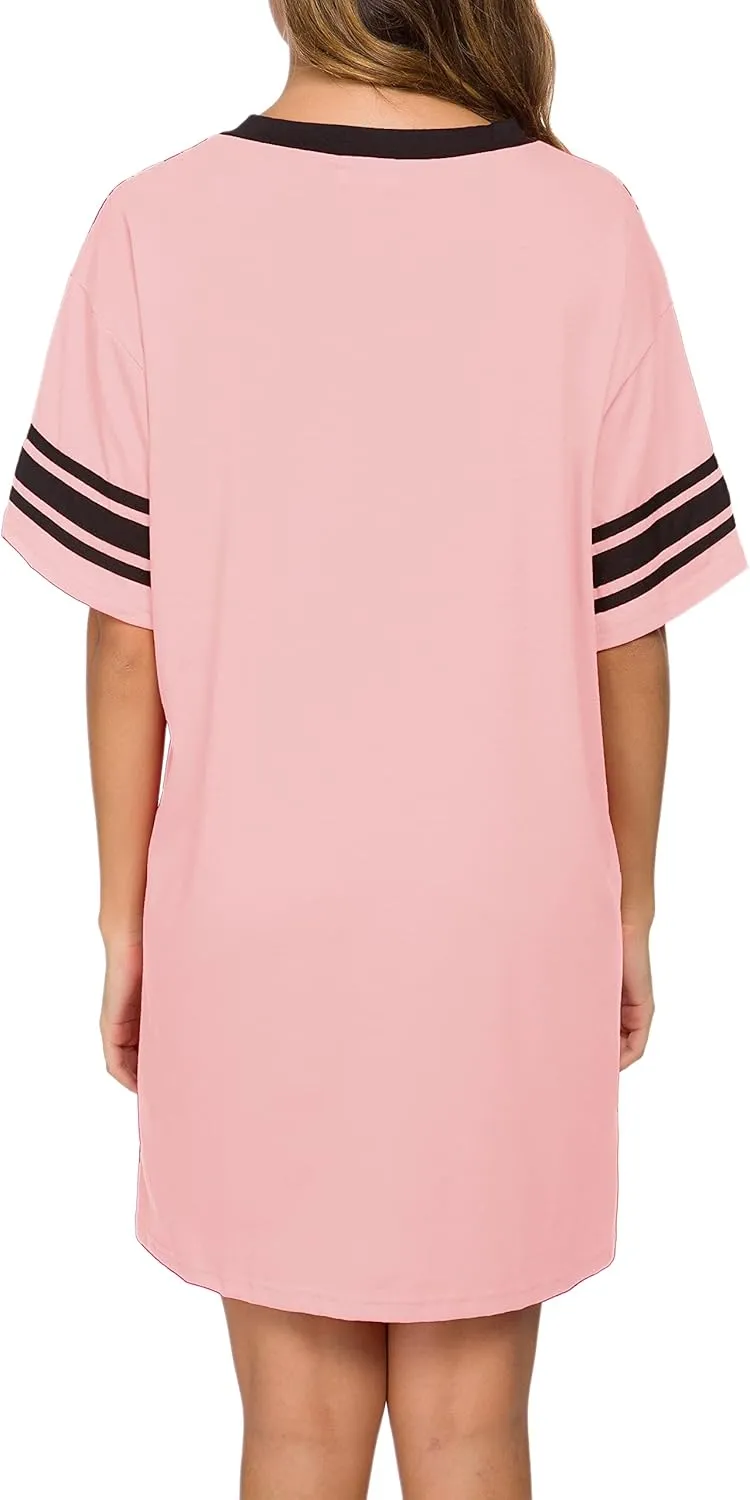 Women's Nightgown Short Sleeve Sleep Shirt V Neck Nightshirts Cotton Loose Comfy Pajamas Dress Casual Sleepwear