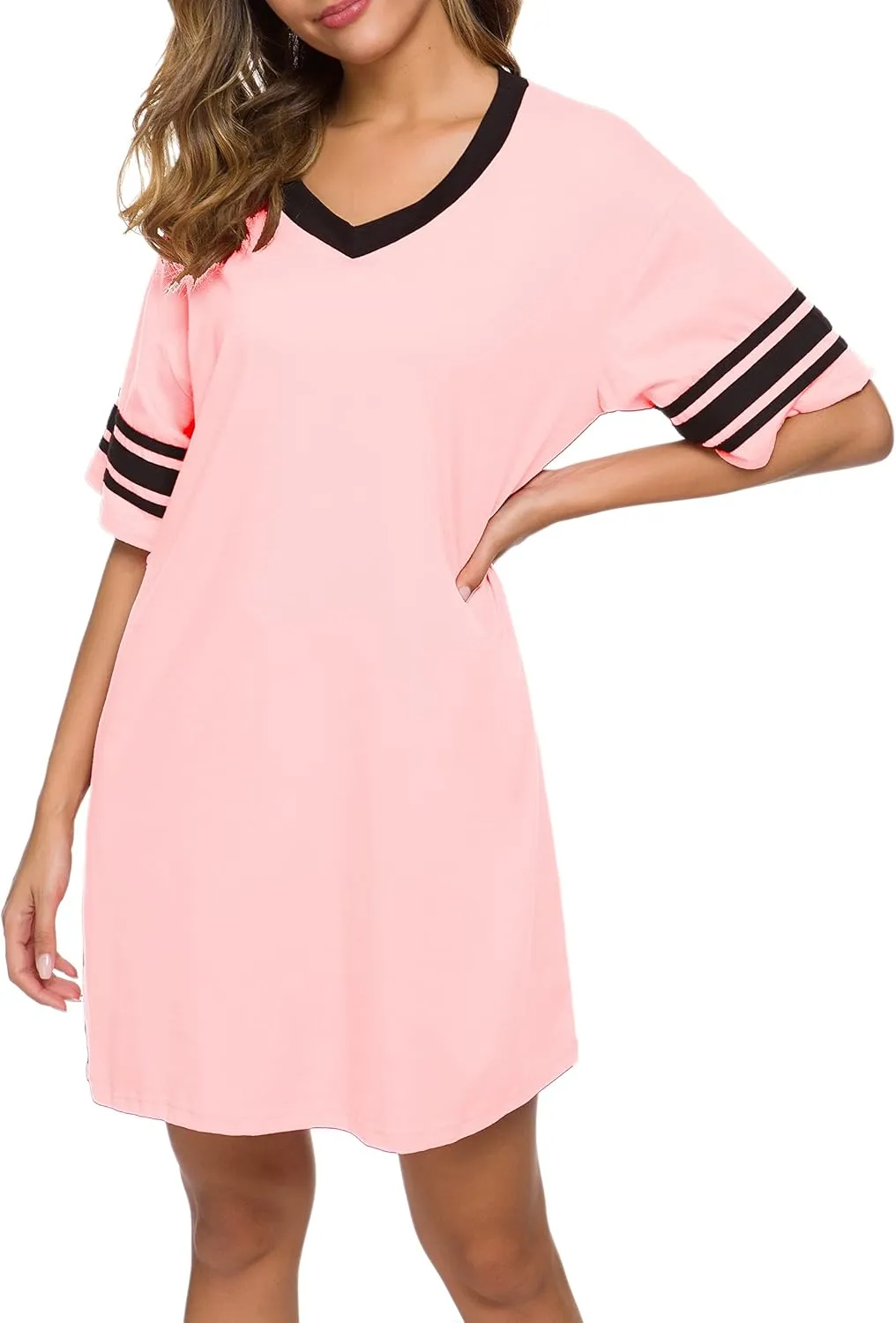 Women's Nightgown Short Sleeve Sleep Shirt V Neck Nightshirts Cotton Loose Comfy Pajamas Dress Casual Sleepwear