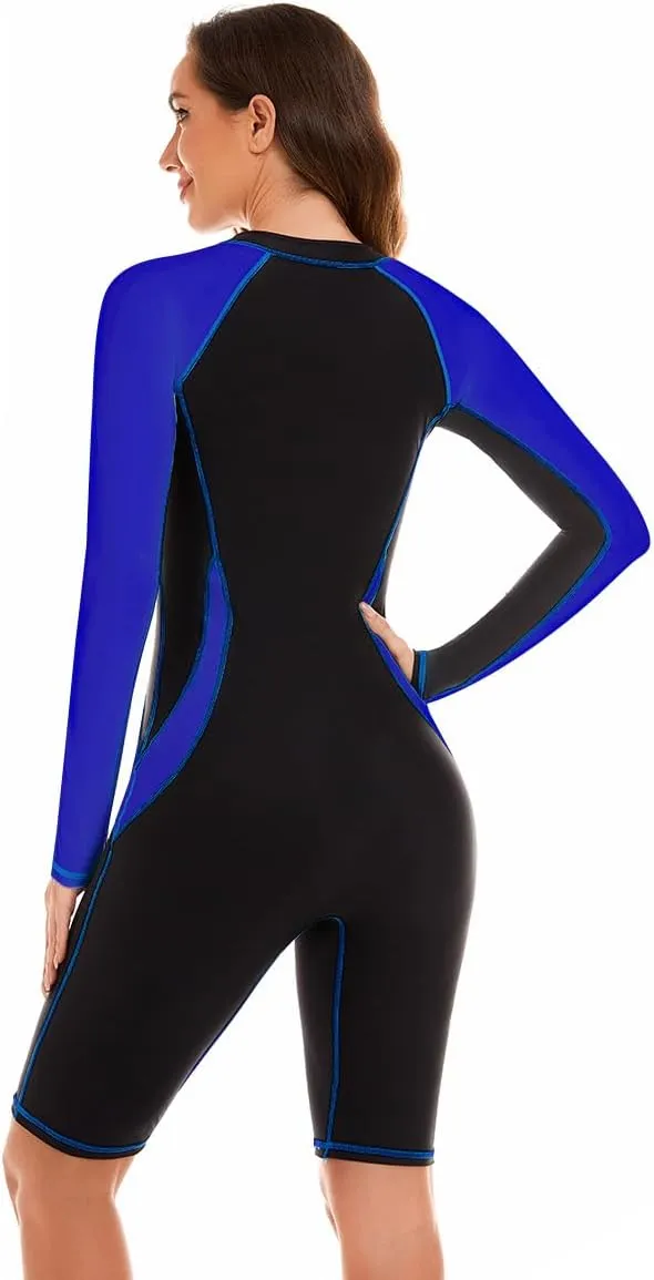 Women's One Piece Long Sleeve Rash Guard Swimsuit UPF 50 Zipper Surfing Swimsuit Bathing Suit with Boyshorts Bottoms