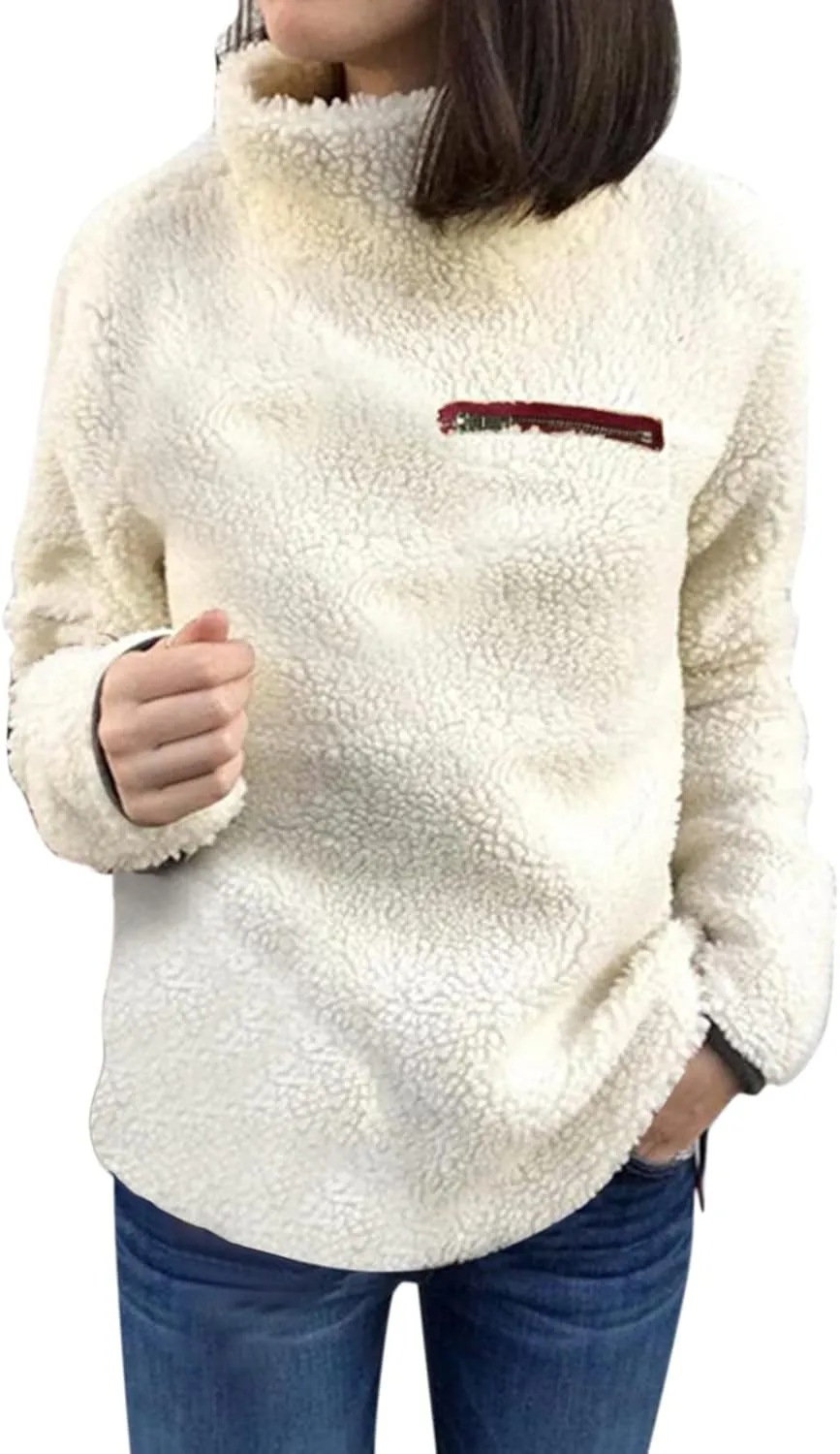 Women's Oversized Sherpa Fuzzy Fleece Sweatshirts Long Sleeves Turtleneck Casual Pullover Sweater Winter Fluffy Warm Outwear