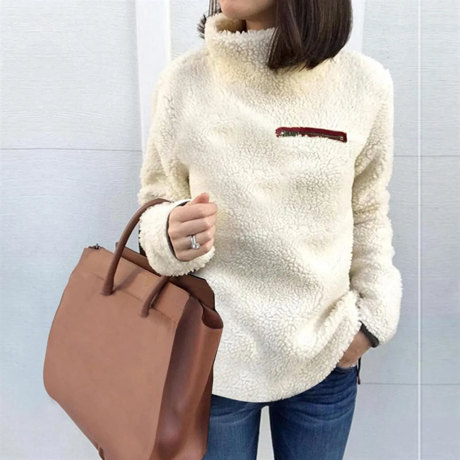 Women's Oversized Sherpa Fuzzy Fleece Sweatshirts Long Sleeves Turtleneck Casual Pullover Sweater Winter Fluffy Warm Outwear