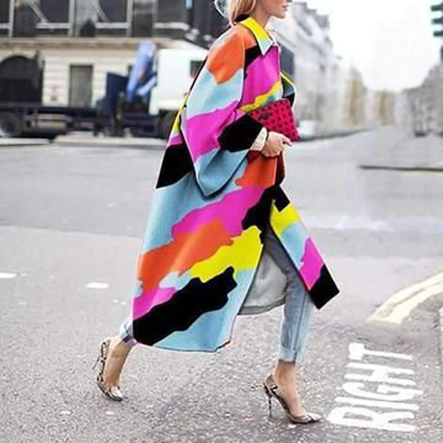Womens Oversized Trench Coat Fall Winter Trendy Loose Fit Overcoat Bell Sleeve Casual Notch Collar Printed Long Coat