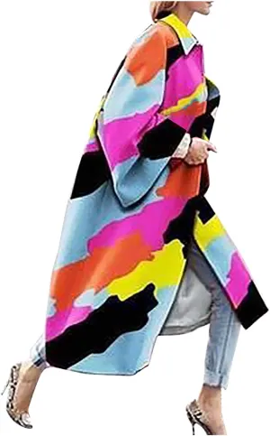 Womens Oversized Trench Coat Fall Winter Trendy Loose Fit Overcoat Bell Sleeve Casual Notch Collar Printed Long Coat