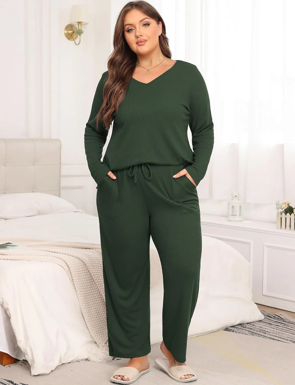 Women's Plus Size 2 Piece Pajama Lounge Sets Knit Outfits Long Sleeve V Neck Tops Wide Leg Pants with Pockets