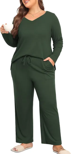 Women's Plus Size 2 Piece Pajama Lounge Sets Knit Outfits Long Sleeve V Neck Tops Wide Leg Pants with Pockets