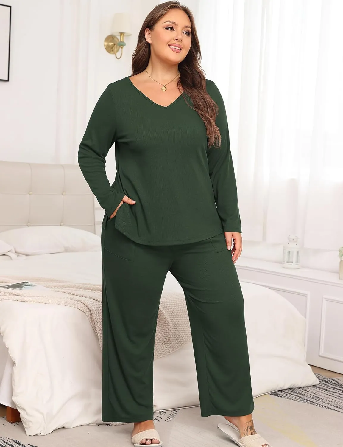 Women's Plus Size 2 Piece Pajama Lounge Sets Knit Outfits Long Sleeve V Neck Tops Wide Leg Pants with Pockets