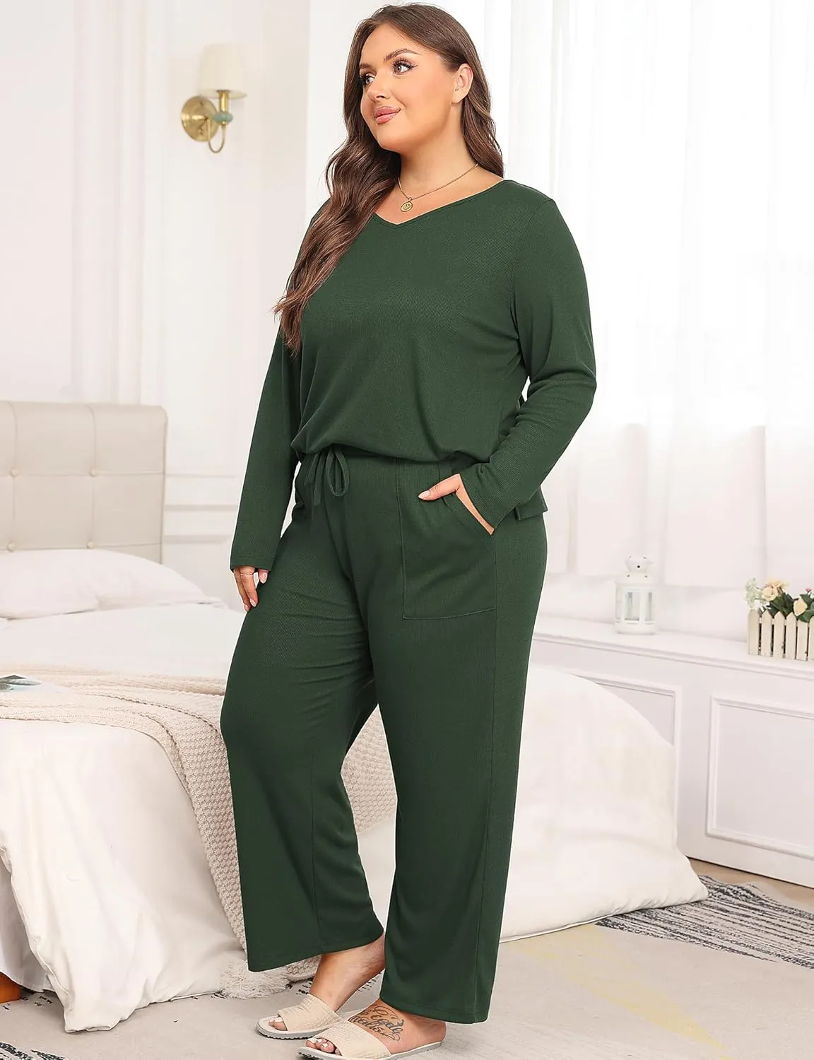 Women's Plus Size 2 Piece Pajama Lounge Sets Knit Outfits Long Sleeve V Neck Tops Wide Leg Pants with Pockets