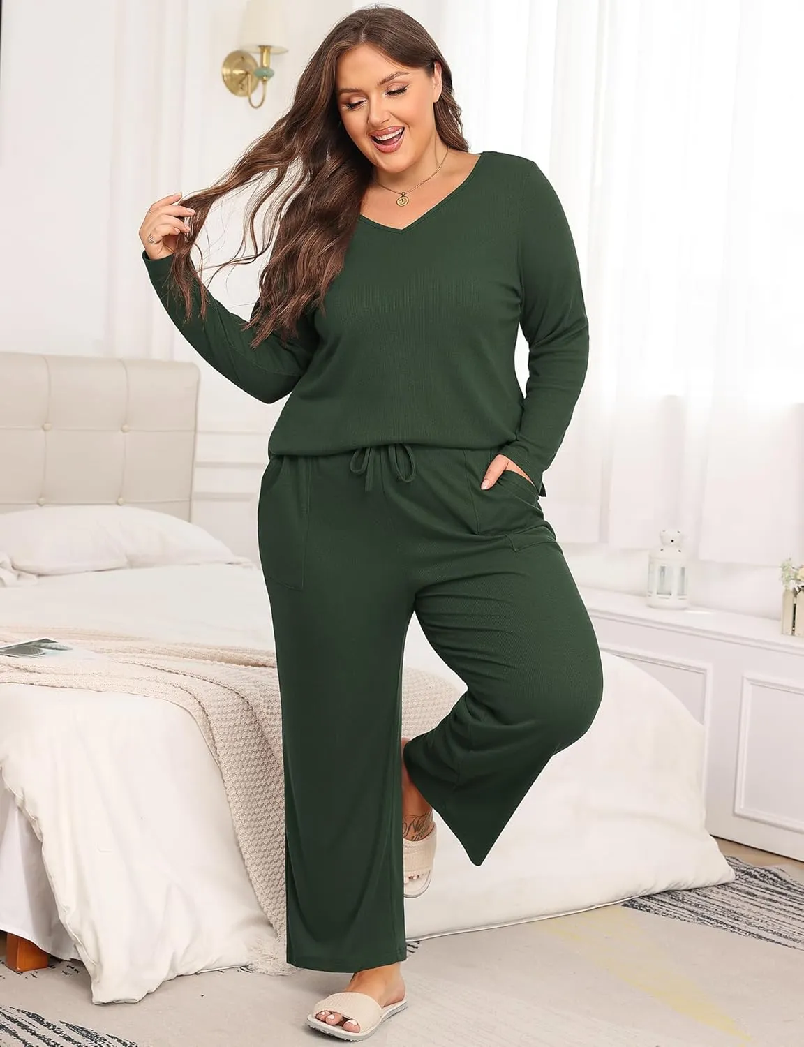 Women's Plus Size 2 Piece Pajama Lounge Sets Knit Outfits Long Sleeve V Neck Tops Wide Leg Pants with Pockets
