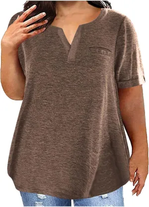 Women's Plus Size Tops Loose V-Neck Short Sleeve Blouse Solid Casual Loose Summer Shirt T-Shirts Basic Tunics