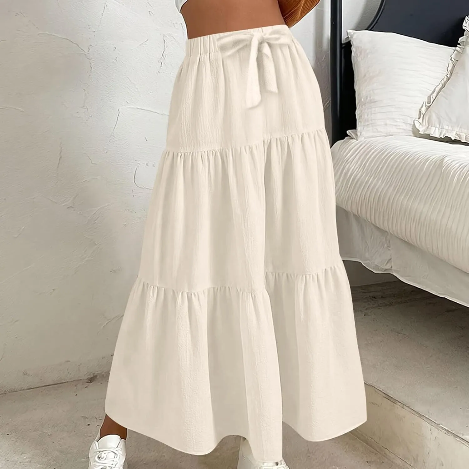 Womens Ruffle Maxi Skirts High Waist Elastic Layered Pleated Long Skirt Summer Casual Flowy Skirts with Drawstring