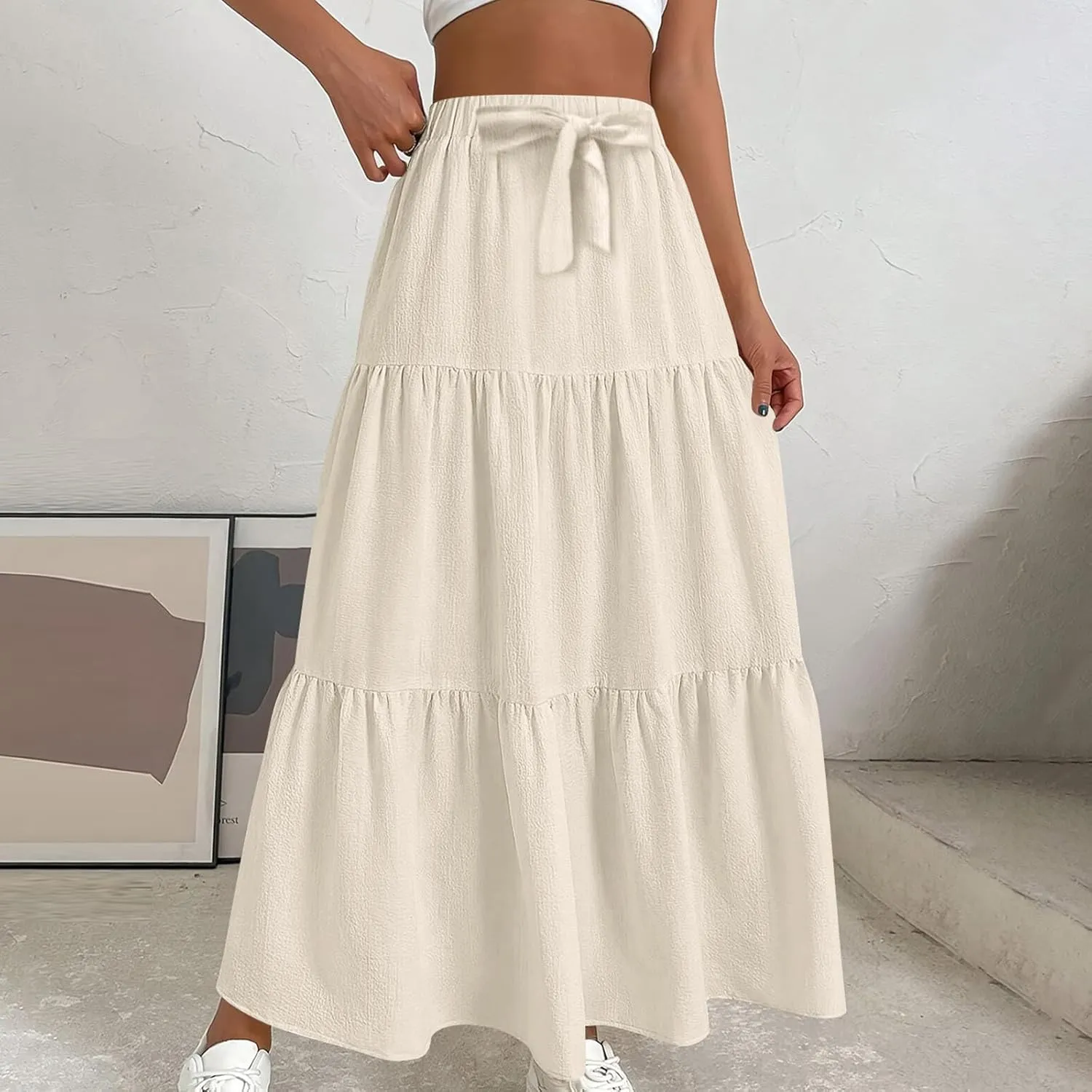 Womens Ruffle Maxi Skirts High Waist Elastic Layered Pleated Long Skirt Summer Casual Flowy Skirts with Drawstring