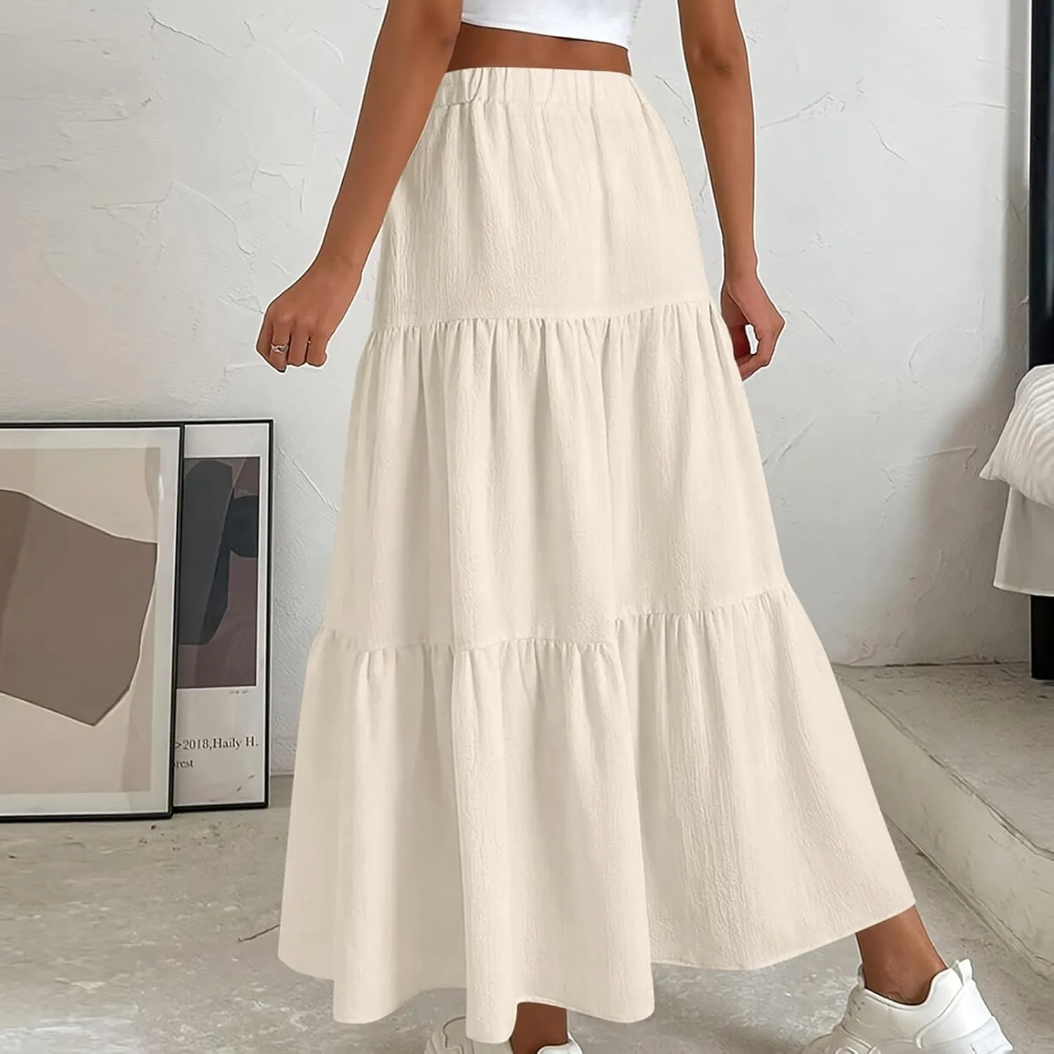 Womens Ruffle Maxi Skirts High Waist Elastic Layered Pleated Long Skirt Summer Casual Flowy Skirts with Drawstring