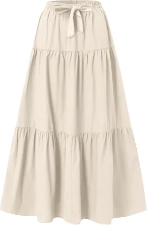 Womens Ruffle Maxi Skirts High Waist Elastic Layered Pleated Long Skirt Summer Casual Flowy Skirts with Drawstring