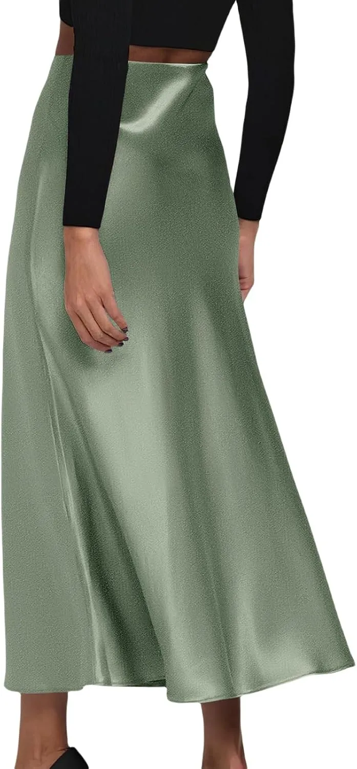 Womens Satin Maxi Skirts Summer Casual Silk Elastic High Waisted Skirt Fashion Flowy Solid Color Flared A-Line Skirt