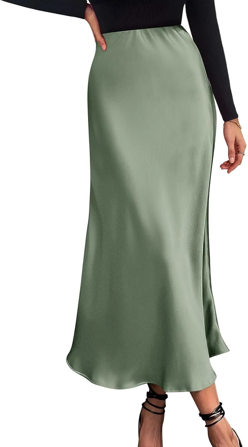 Womens Satin Maxi Skirts Summer Casual Silk Elastic High Waisted Skirt Fashion Flowy Solid Color Flared A-Line Skirt