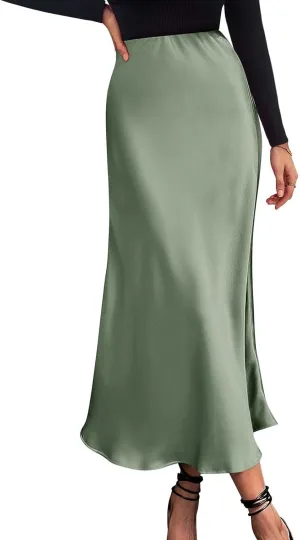 Womens Satin Maxi Skirts Summer Casual Silk Elastic High Waisted Skirt Fashion Flowy Solid Color Flared A-Line Skirt