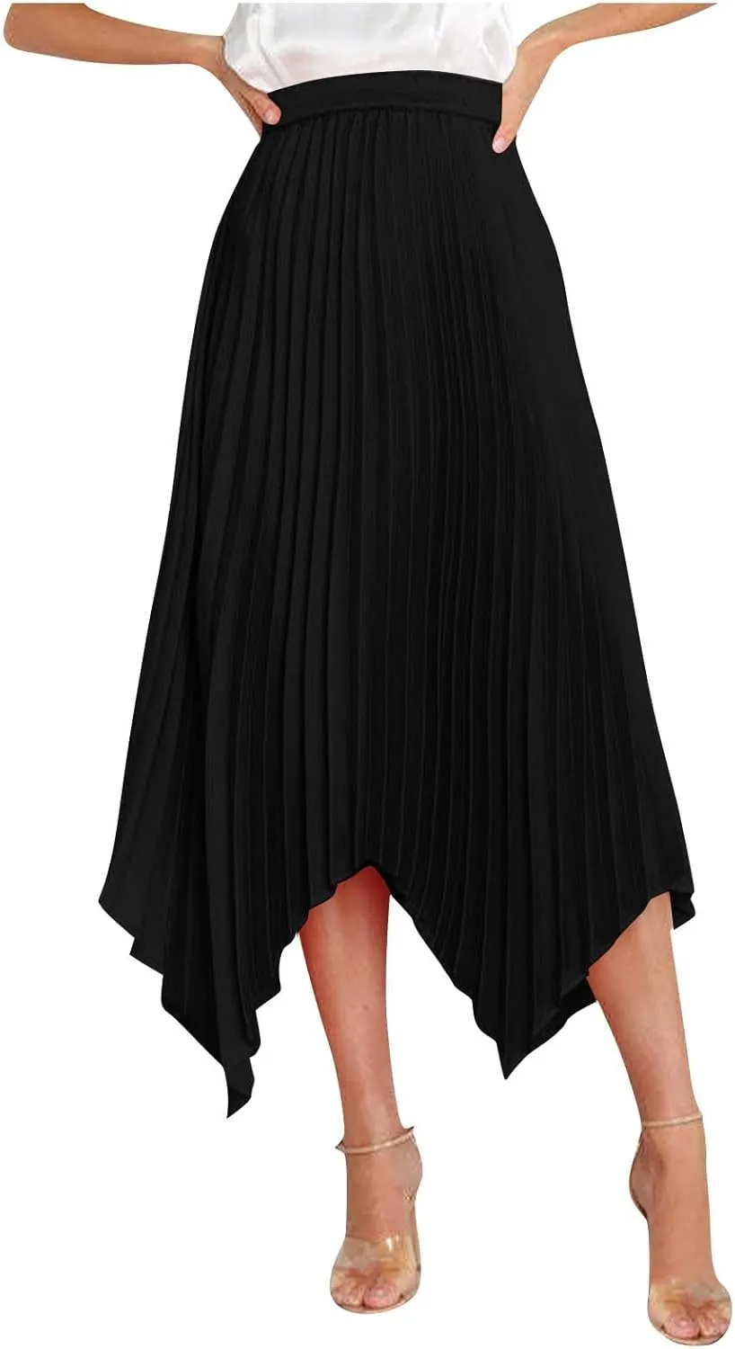 Womens Satin Midi Skirt Elegant Flowy Ruffle High Waist Silk Summer Casual Dressy Irregular Hem High Low Skirts