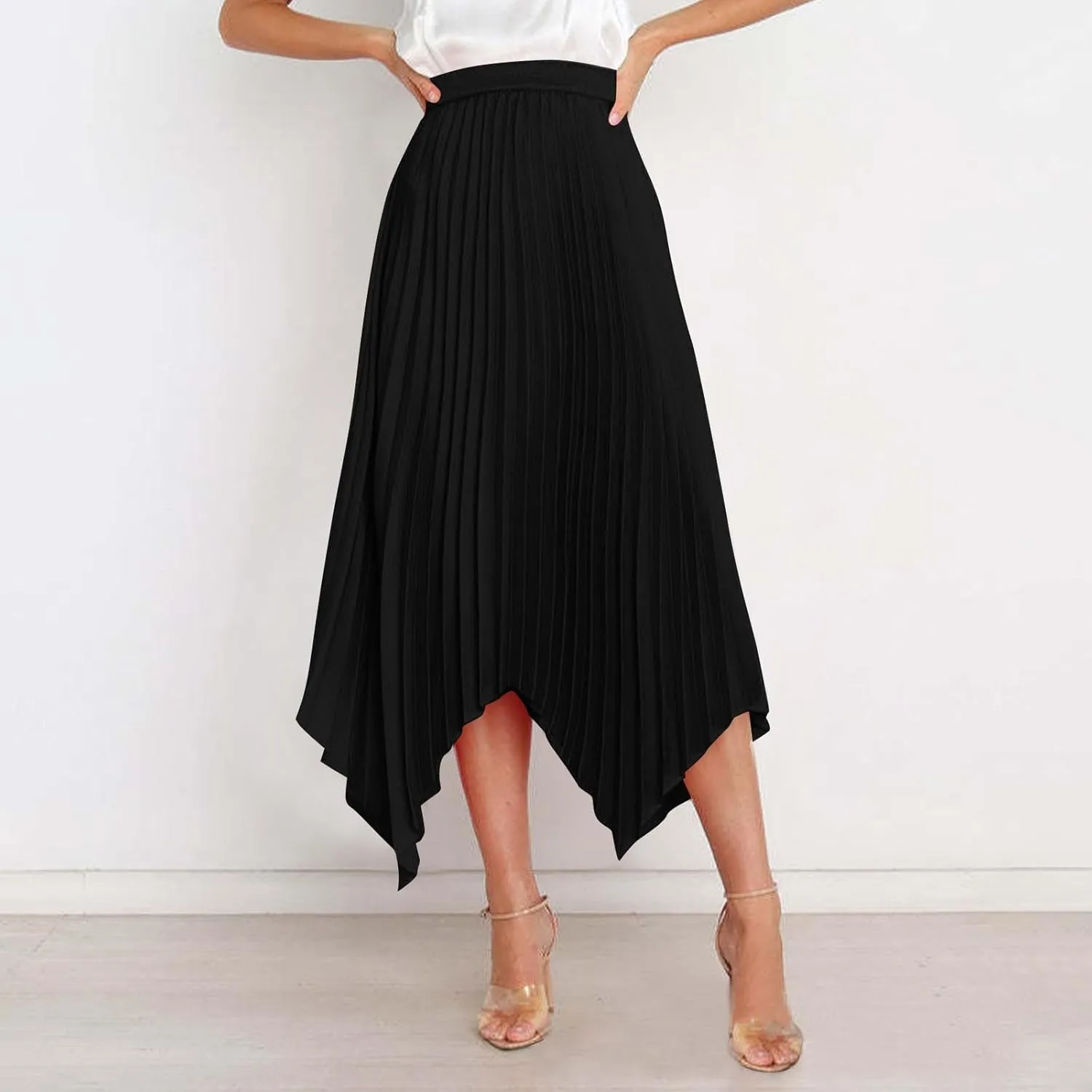 Womens Satin Midi Skirt Elegant Flowy Ruffle High Waist Silk Summer Casual Dressy Irregular Hem High Low Skirts