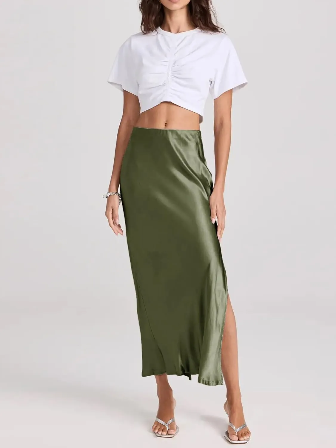 Womens Satin Silk Maxi Slit Skirt Elastic Waistband Maxi Long Satin Slit Skirts for Women
