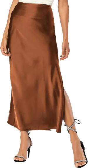 Womens Satin Silk Maxi Slit Skirt Elastic Waistband Maxi Long Satin Slit Skirts for Women