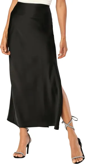 Womens Satin Silk Maxi Slit Skirt Elastic Waistband Maxi Long Satin Slit Skirts for Women