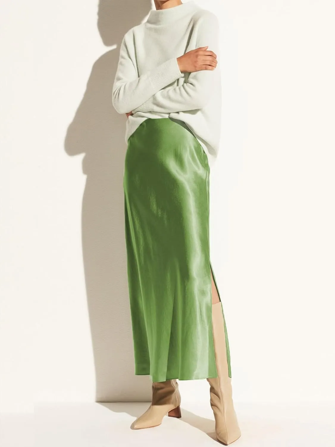 Womens Satin Silk Maxi Slit Skirt Elastic Waistband Maxi Long Satin Slit Skirts for Women