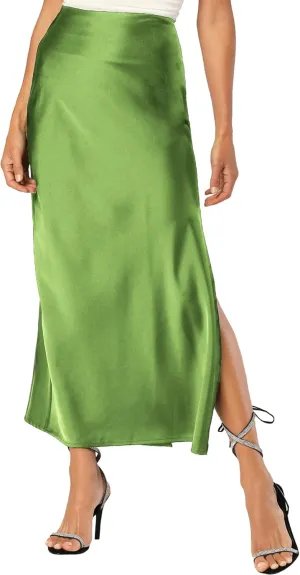 Womens Satin Silk Maxi Slit Skirt Elastic Waistband Maxi Long Satin Slit Skirts for Women