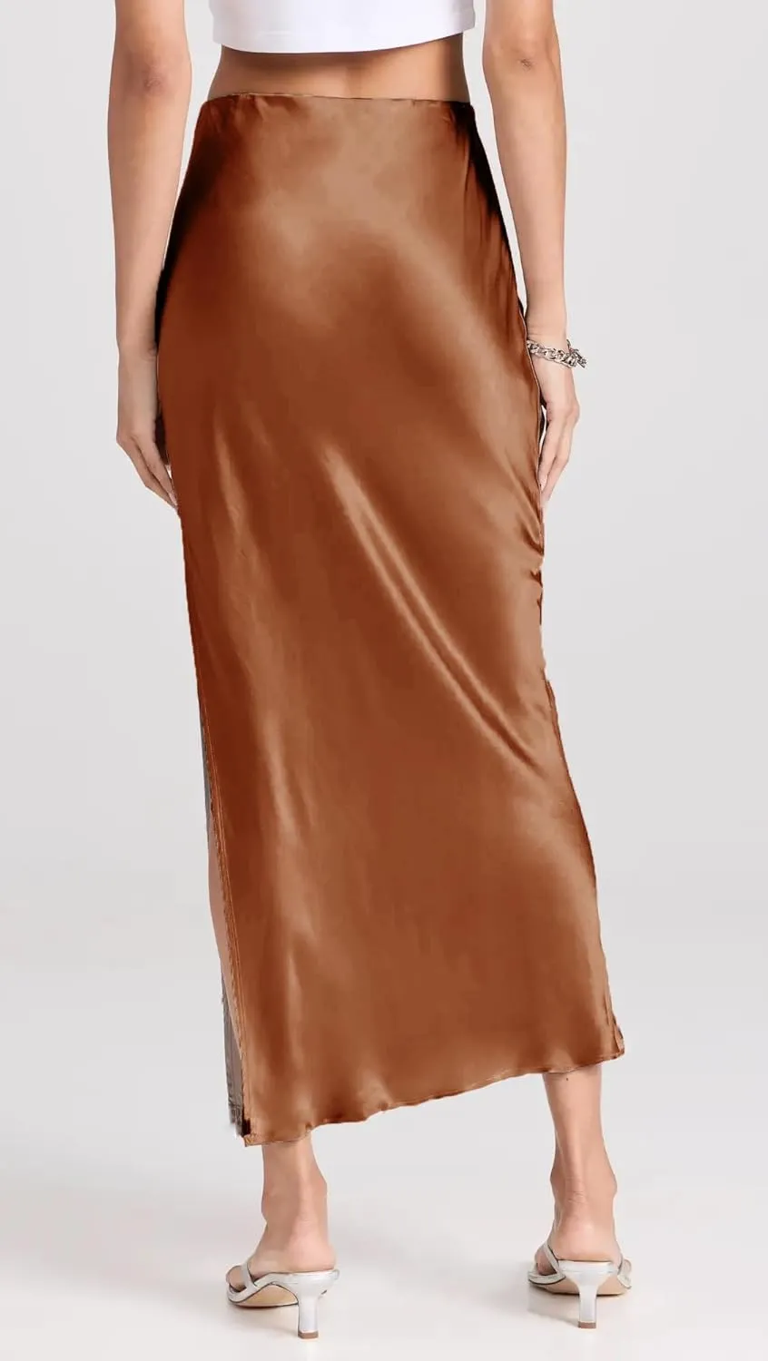 Womens Satin Silk Maxi Slit Skirt Elastic Waistband Maxi Long Satin Slit Skirts for Women