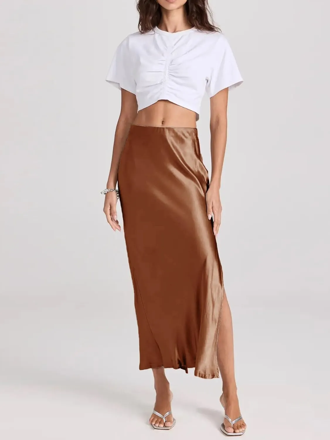 Womens Satin Silk Maxi Slit Skirt Elastic Waistband Maxi Long Satin Slit Skirts for Women
