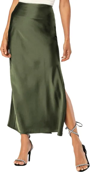 Womens Satin Silk Maxi Slit Skirt Elastic Waistband Maxi Long Satin Slit Skirts for Women