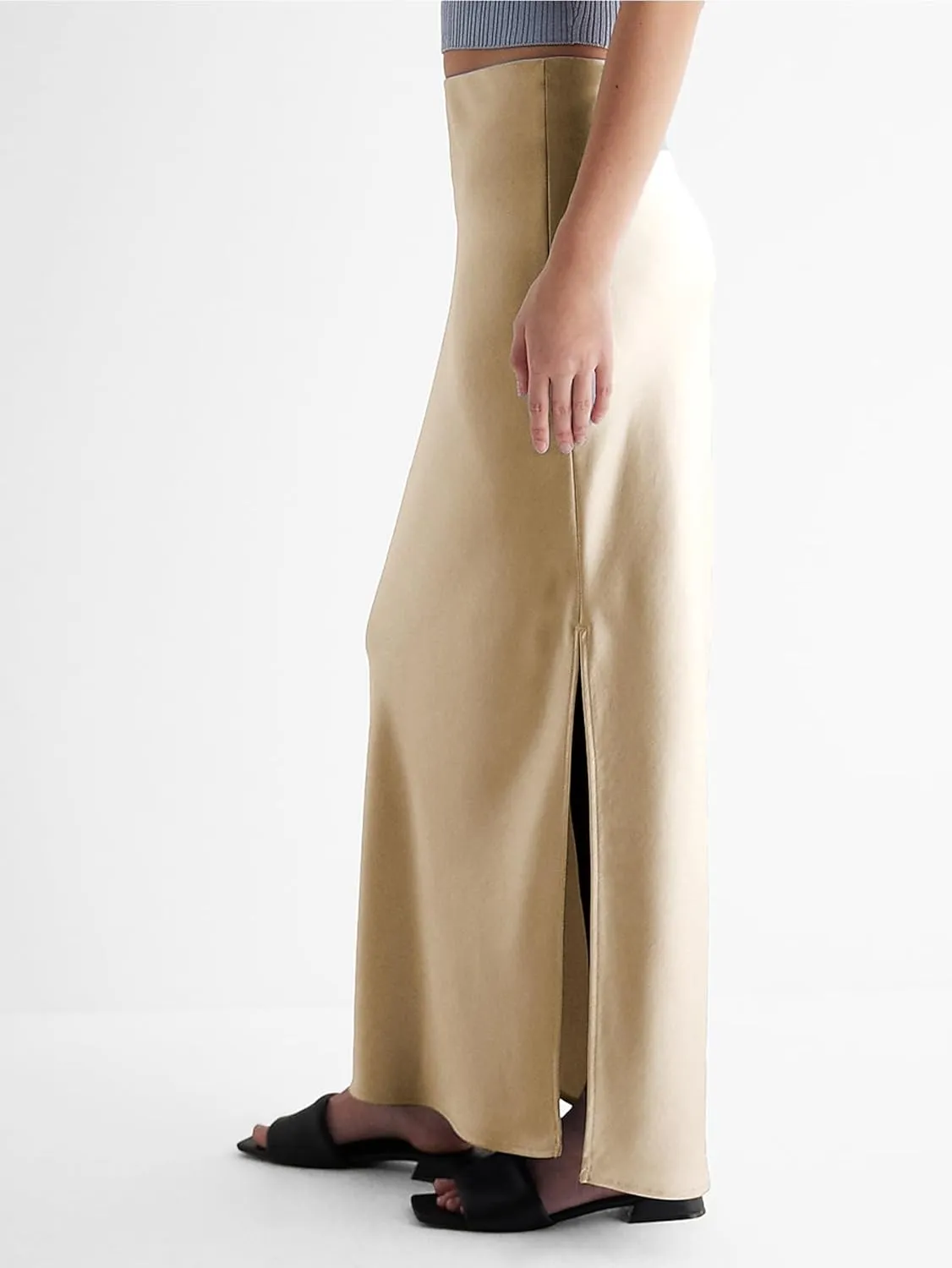 Womens Satin Silk Maxi Slit Skirt Elastic Waistband Maxi Long Satin Slit Skirts for Women