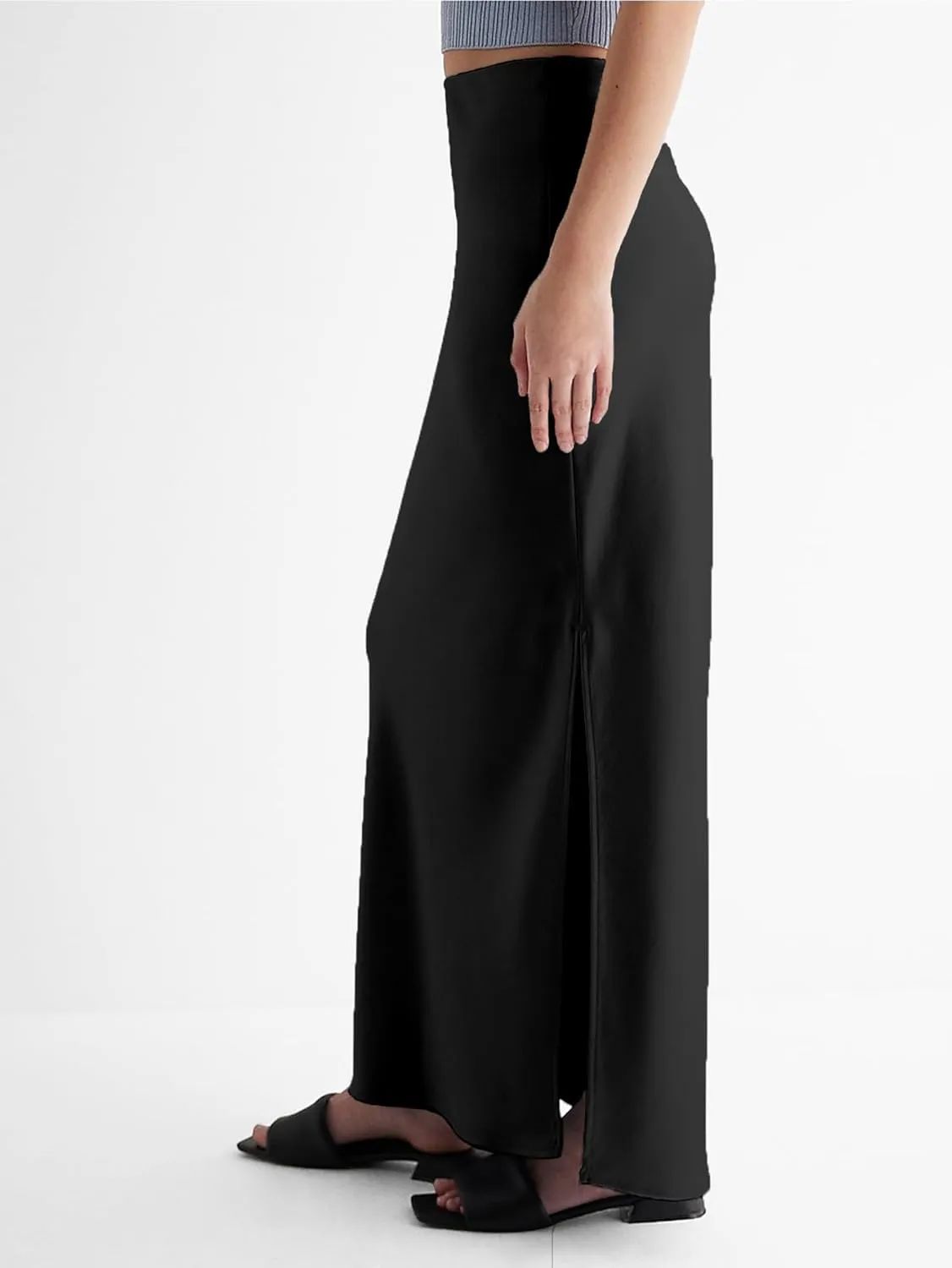Womens Satin Silk Maxi Slit Skirt Elastic Waistband Maxi Long Satin Slit Skirts for Women