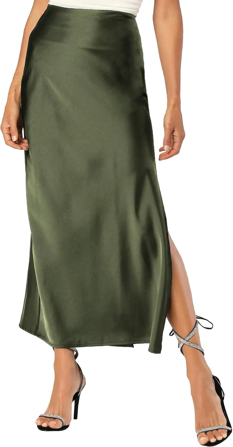 Womens Satin Silk Maxi Slit Skirt Elastic Waistband Maxi Long Satin Slit Skirts for Women