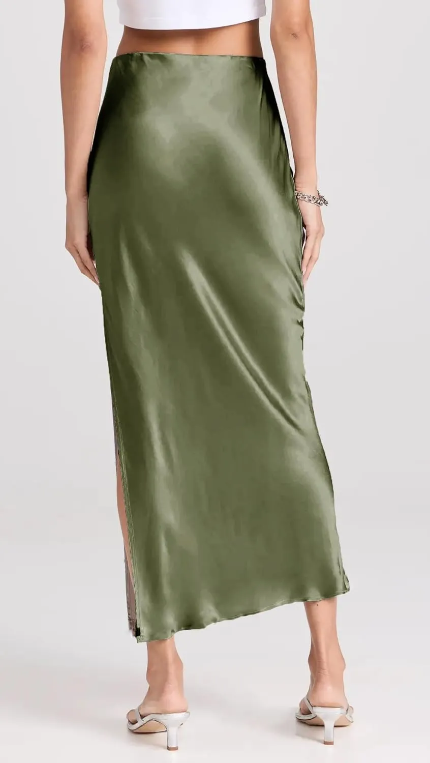 Womens Satin Silk Maxi Slit Skirt Elastic Waistband Maxi Long Satin Slit Skirts for Women