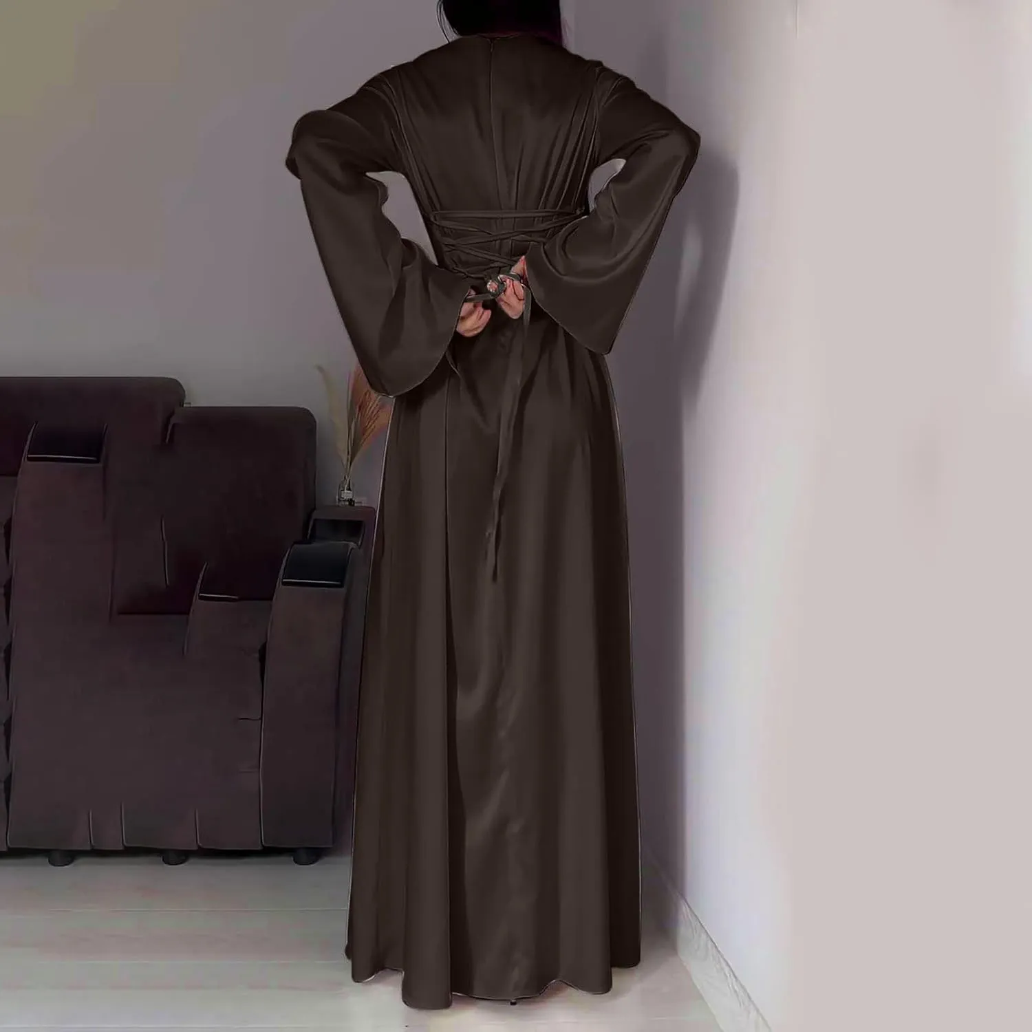 Women's Slip Satin Maxi Dress Elegant Empire Waist Long Dress Full Length Abaya Kaftan Dresses Islamic Robe Dresses