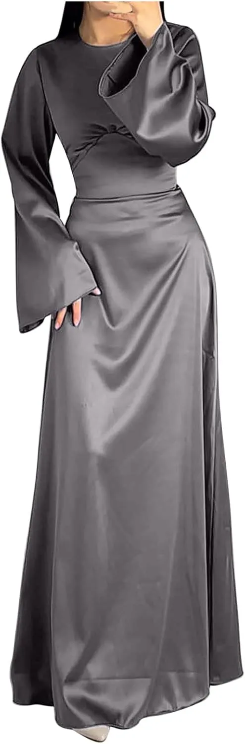 Women's Slip Satin Maxi Dress Elegant Empire Waist Long Dress Full Length Abaya Kaftan Dresses Islamic Robe Dresses