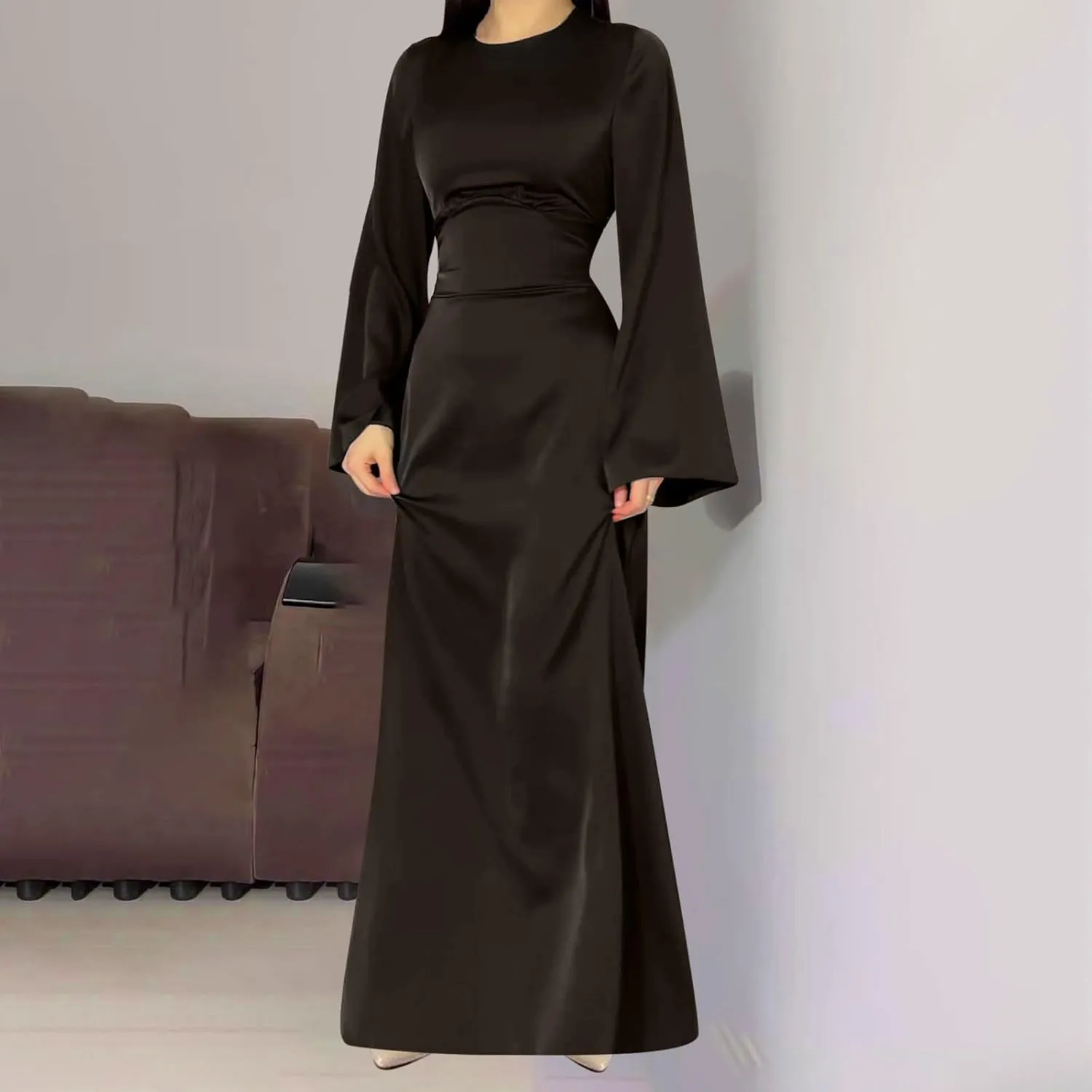 Women's Slip Satin Maxi Dress Elegant Empire Waist Long Dress Full Length Abaya Kaftan Dresses Islamic Robe Dresses