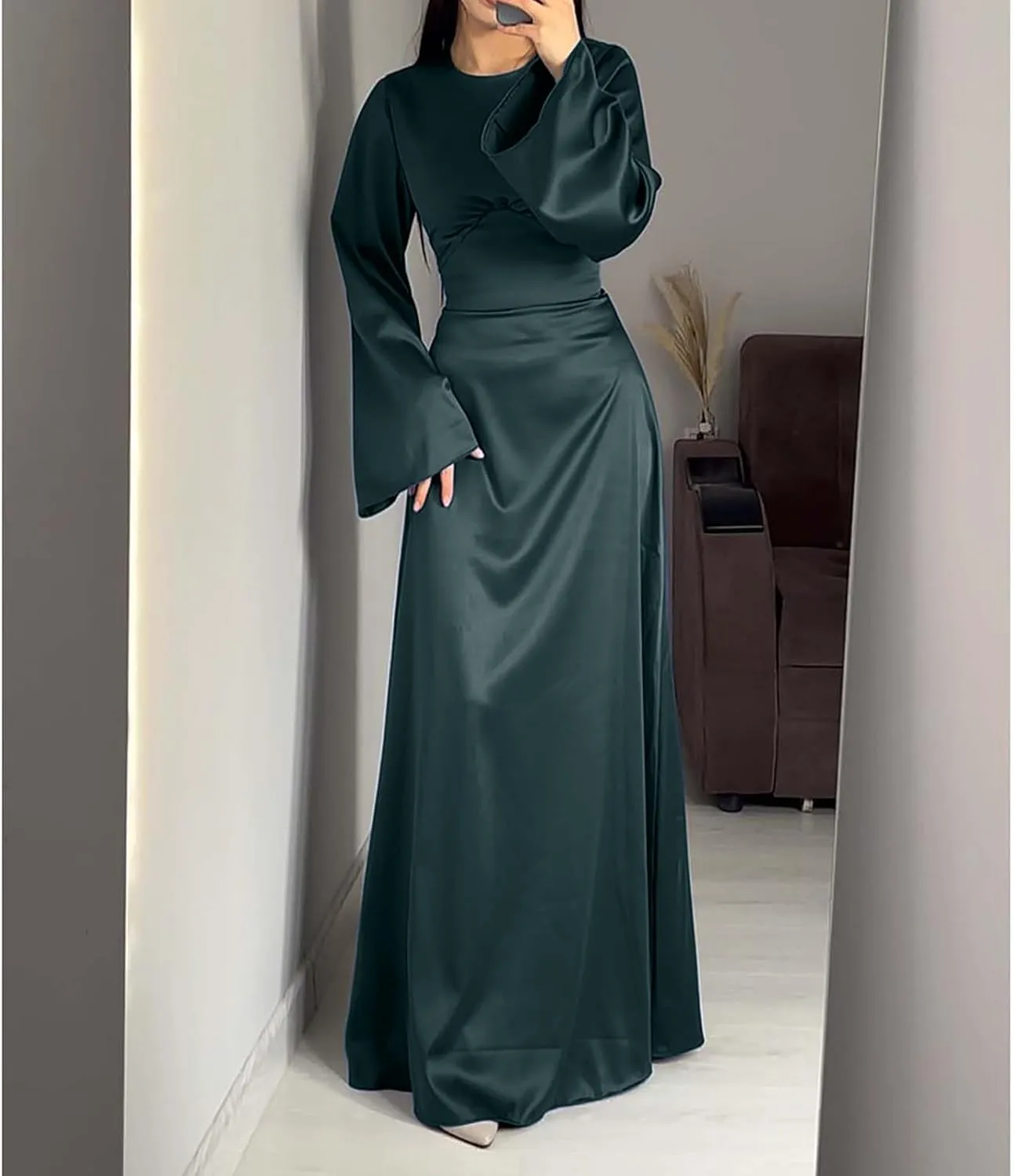 Women's Slip Satin Maxi Dress Elegant Empire Waist Long Dress Full Length Abaya Kaftan Dresses Islamic Robe Dresses