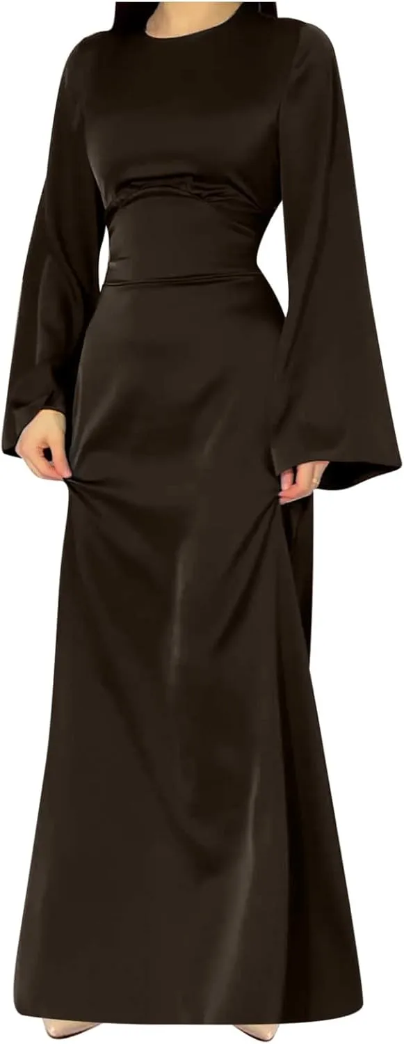 Women's Slip Satin Maxi Dress Elegant Empire Waist Long Dress Full Length Abaya Kaftan Dresses Islamic Robe Dresses