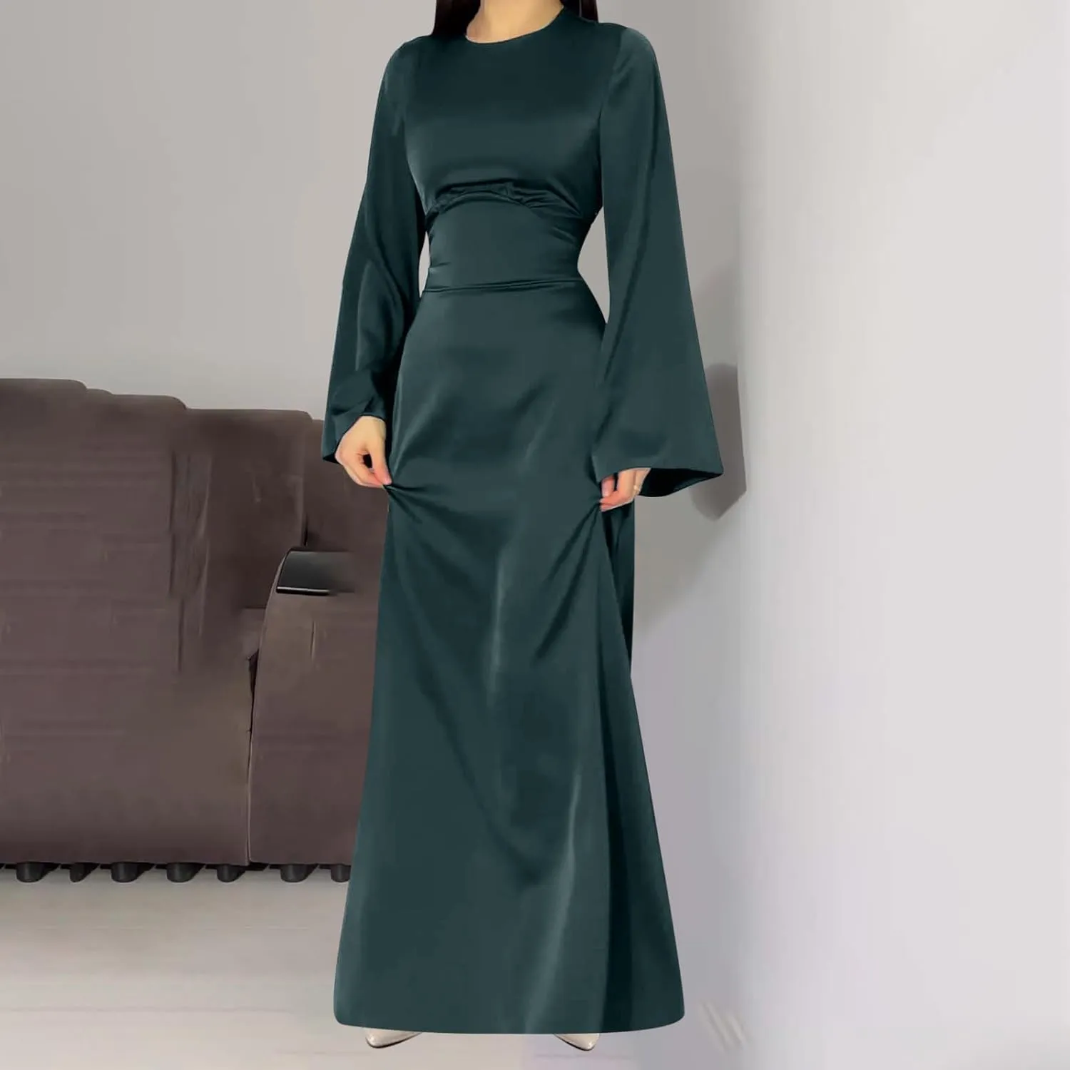 Women's Slip Satin Maxi Dress Elegant Empire Waist Long Dress Full Length Abaya Kaftan Dresses Islamic Robe Dresses
