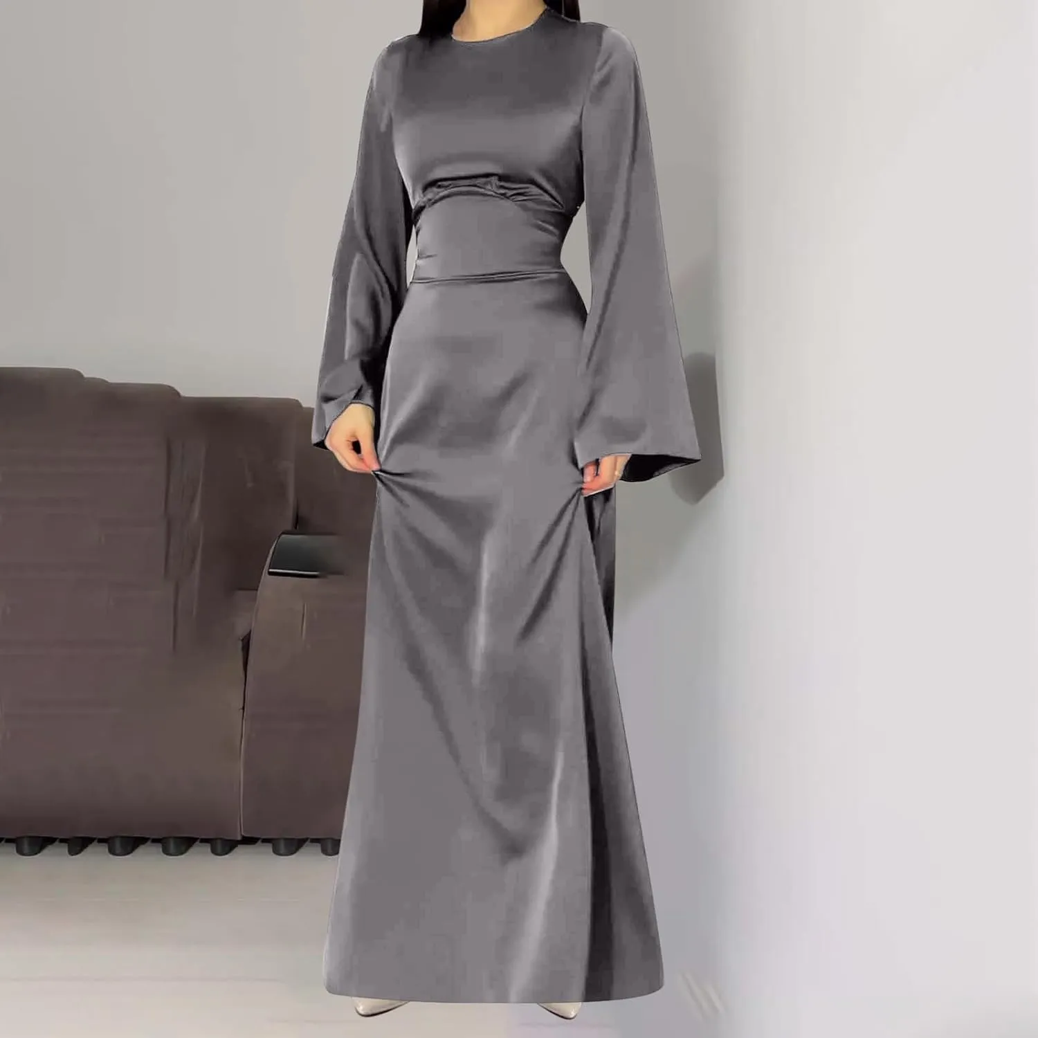 Women's Slip Satin Maxi Dress Elegant Empire Waist Long Dress Full Length Abaya Kaftan Dresses Islamic Robe Dresses