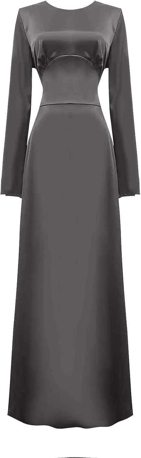 Women's Slip Satin Maxi Dress Elegant Empire Waist Long Dress Full Length Abaya Kaftan Dresses Islamic Robe Dresses