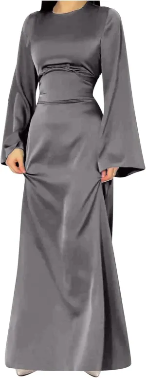Women's Slip Satin Maxi Dress Elegant Empire Waist Long Dress Full Length Abaya Kaftan Dresses Islamic Robe Dresses