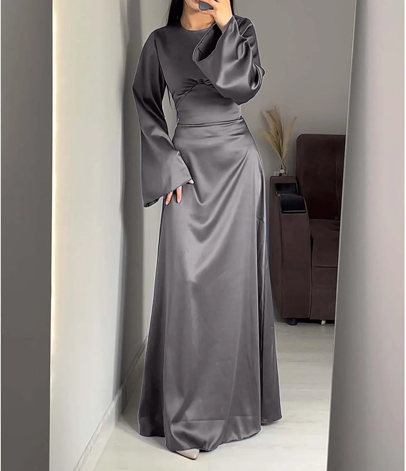 Women's Slip Satin Maxi Dress Elegant Empire Waist Long Dress Full Length Abaya Kaftan Dresses Islamic Robe Dresses