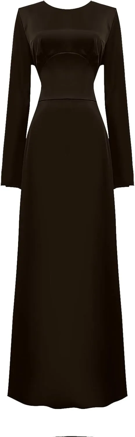 Women's Slip Satin Maxi Dress Elegant Empire Waist Long Dress Full Length Abaya Kaftan Dresses Islamic Robe Dresses