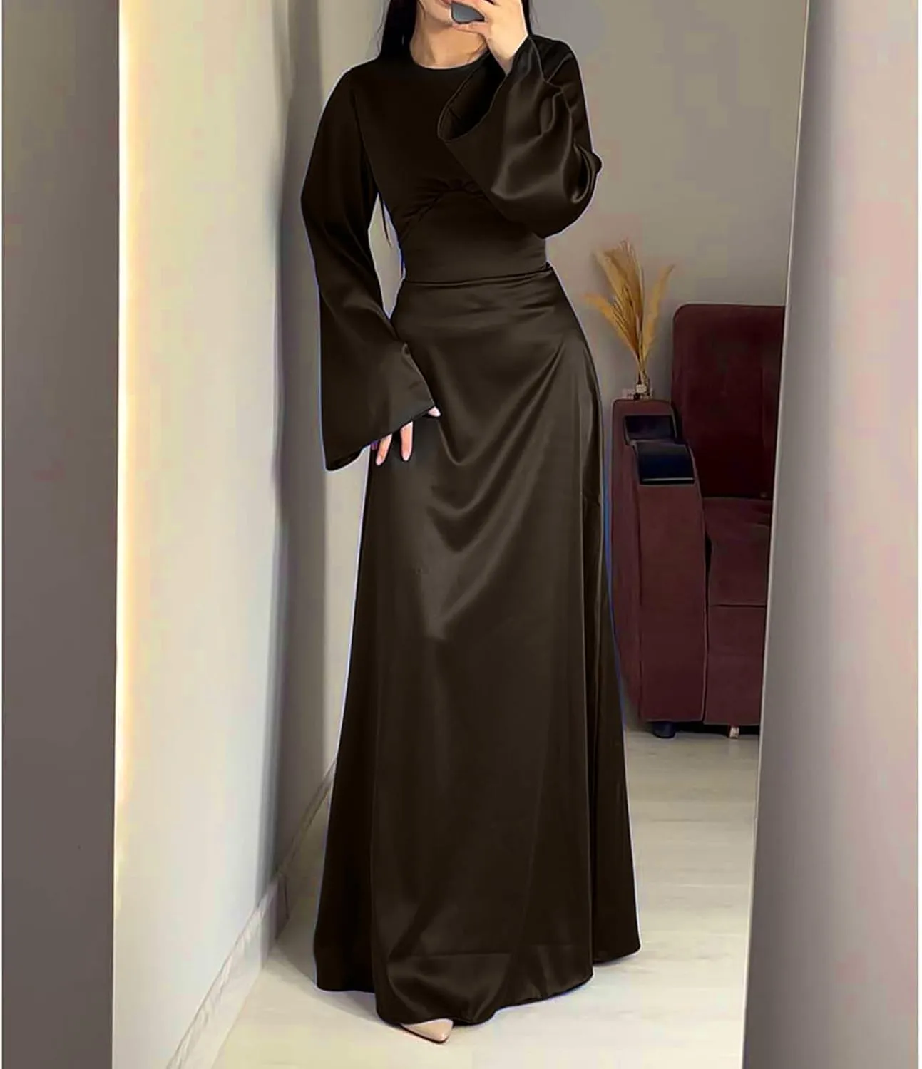 Women's Slip Satin Maxi Dress Elegant Empire Waist Long Dress Full Length Abaya Kaftan Dresses Islamic Robe Dresses