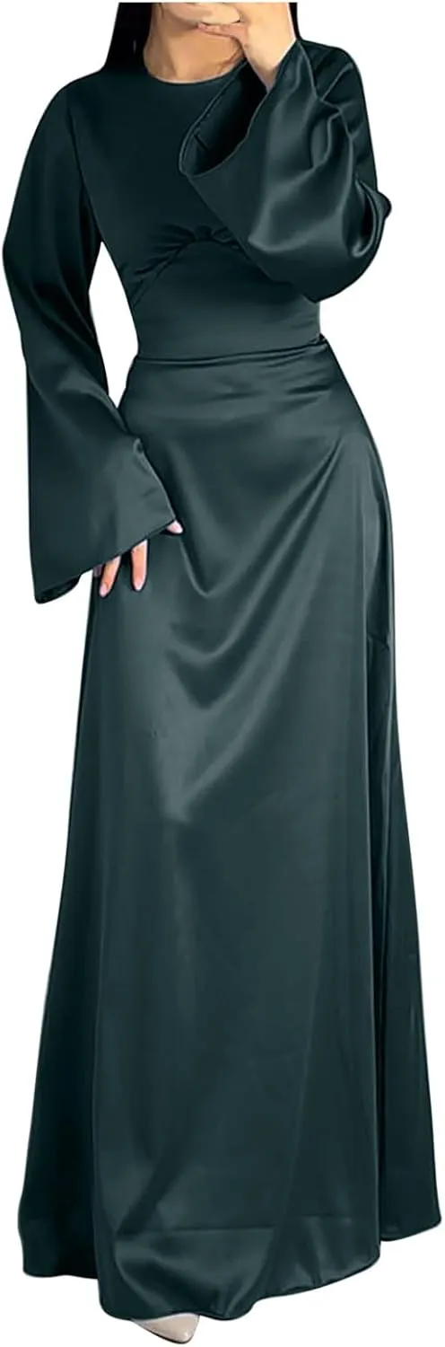 Women's Slip Satin Maxi Dress Elegant Empire Waist Long Dress Full Length Abaya Kaftan Dresses Islamic Robe Dresses