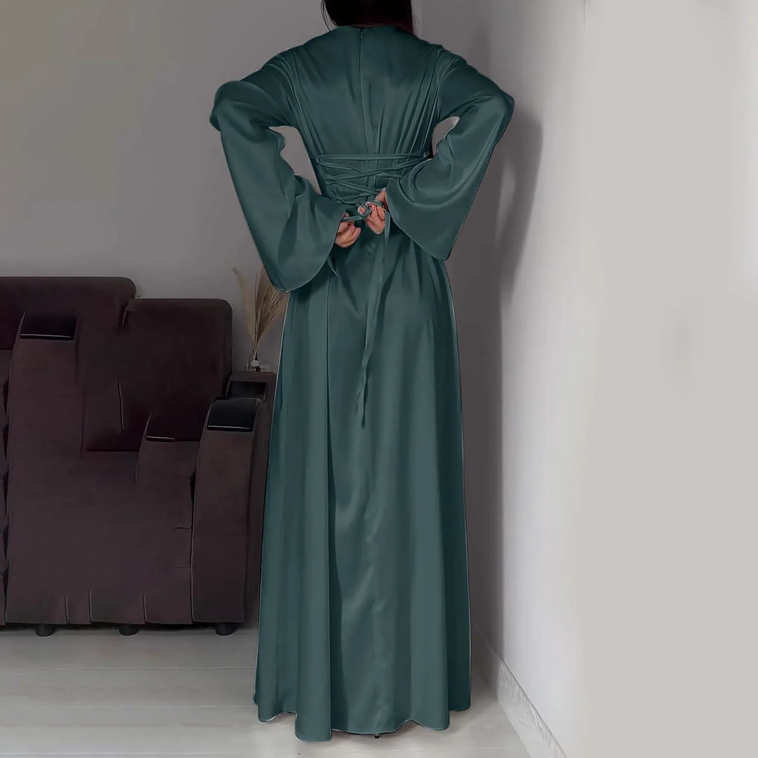 Women's Slip Satin Maxi Dress Elegant Empire Waist Long Dress Full Length Abaya Kaftan Dresses Islamic Robe Dresses