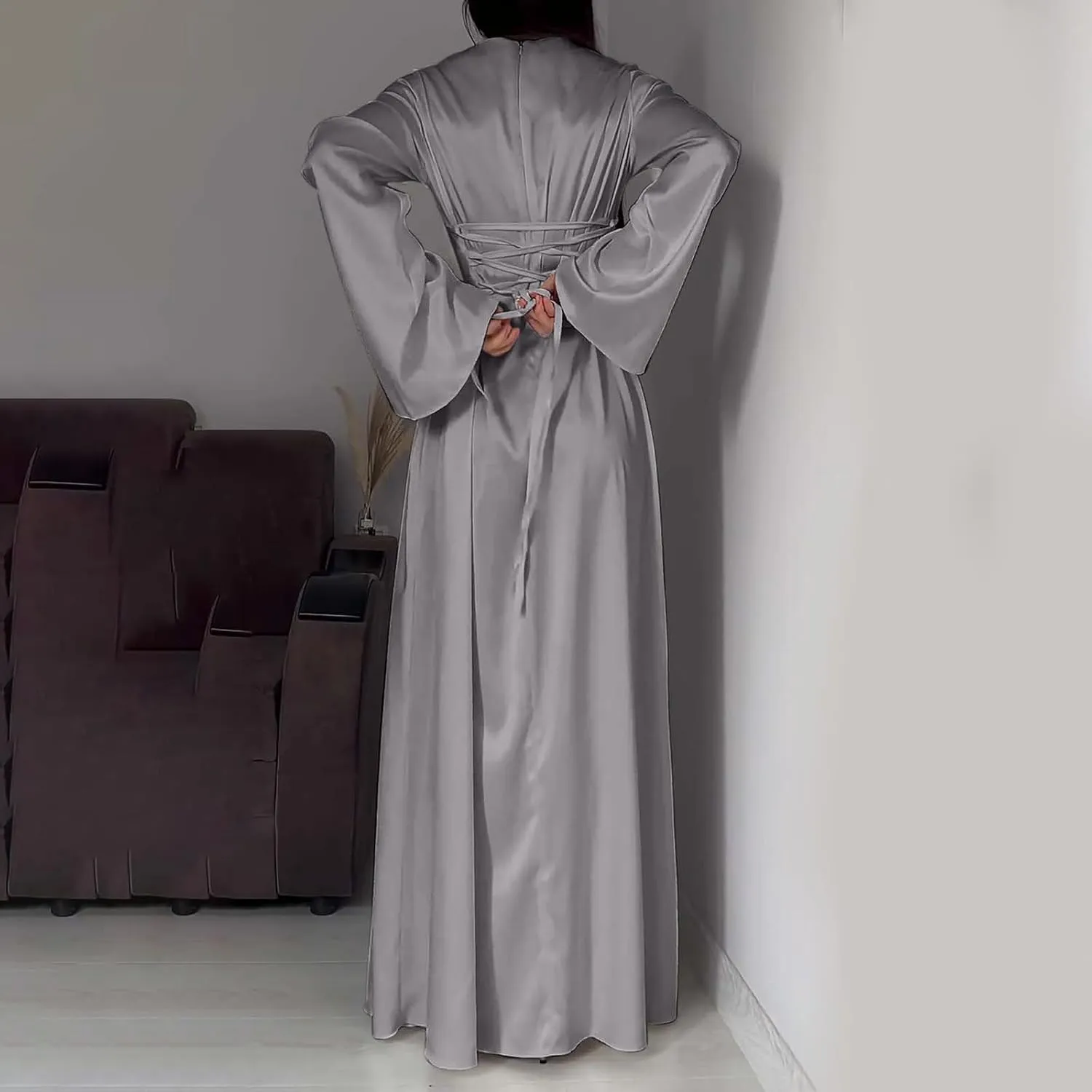 Women's Slip Satin Maxi Dress Elegant Empire Waist Long Dress Full Length Abaya Kaftan Dresses Islamic Robe Dresses